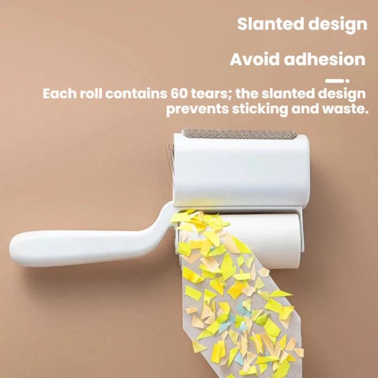 Lint roller with slanted cartridge holding sticky paper pieces