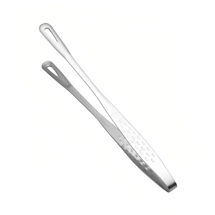 Stainless steel serving tongs with perforated tips and loop handles