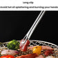 Stainless steel long serving tongs with perforated gripping end, close-up