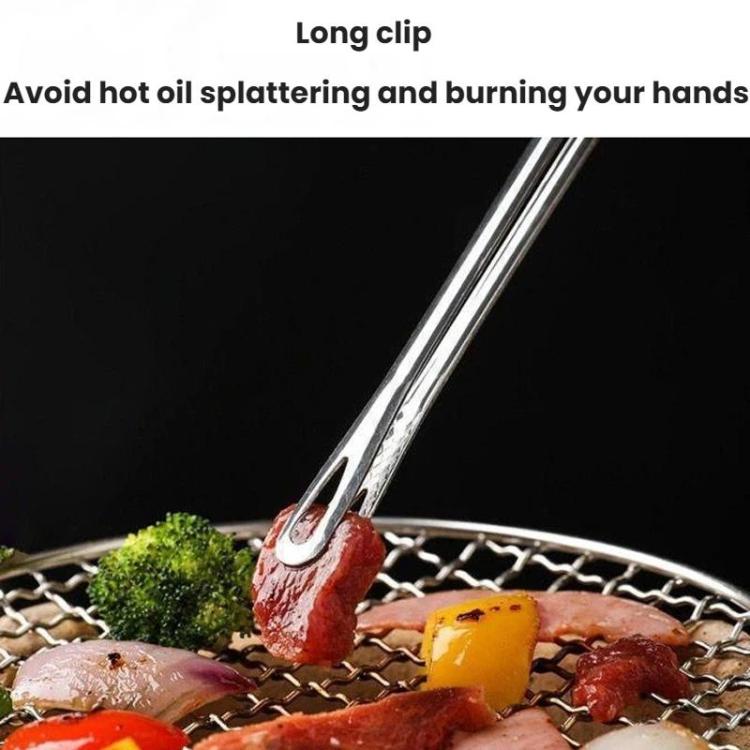 Stainless steel long serving tongs with perforated gripping end, close-up
