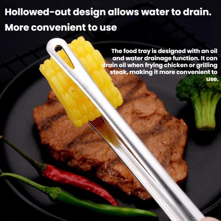 Stainless steel hollow tongs with draining perforations on the gripping end