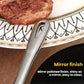 Stainless steel mirror-finish tongs with perforated grip tip, close-up