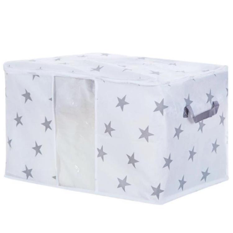 Gray star print non-woven storage bag cube with zipper front and carry handle loops