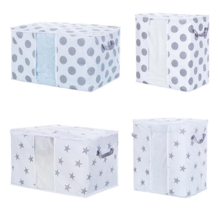 Printed cube storage bags in gray dots and gray stars, with zipper closures