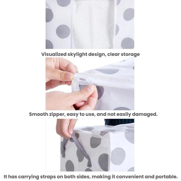 Gray dot storage bag close-up showing zipper seam and clear window panel