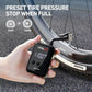 Hand using compact portable air pump on a bicycle tire, digital pressure display