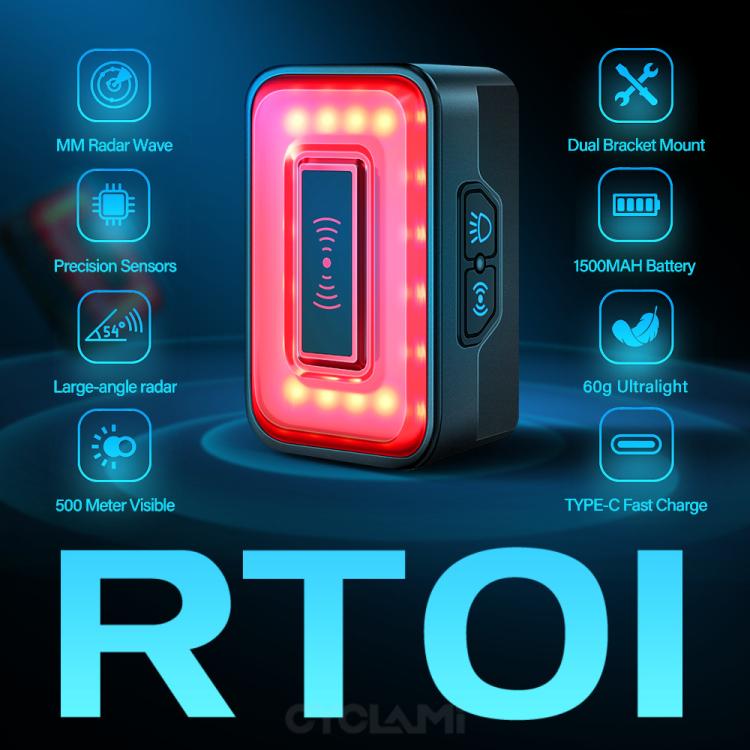 Bicycle radar tail light front view with red glow and radar icon, black body