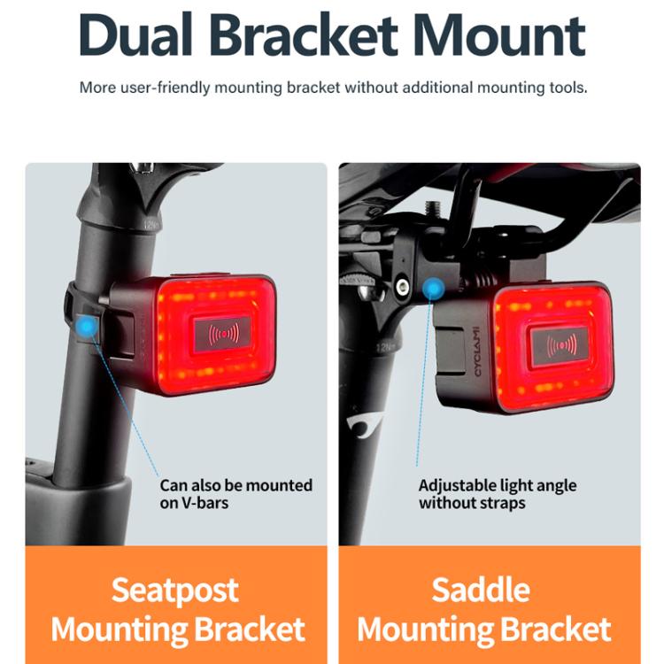 Bicycle tail light showing red glow on bracket with adjustable mounting angles