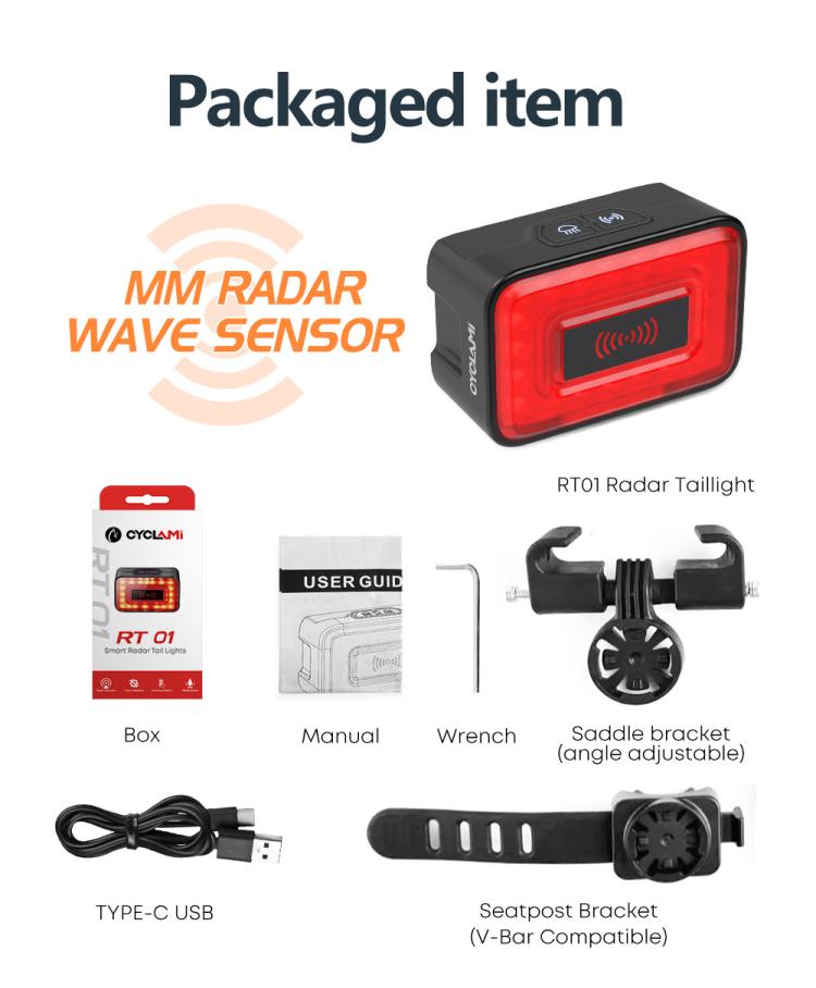 Packaged bicycle radar tail light with red lens, black housing, and mounting accessories