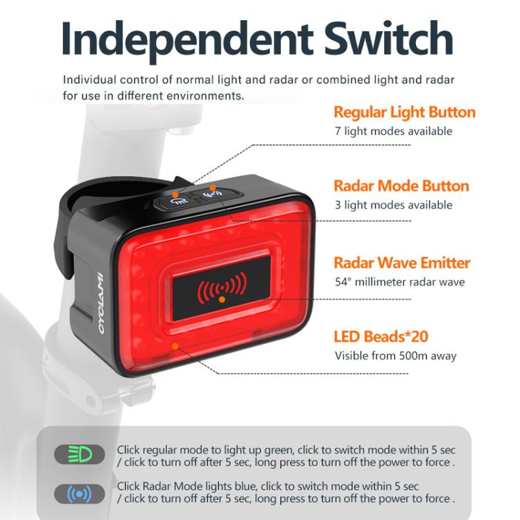 Bicycle radar tail light with red LED window and side mounting bracket, visible controls