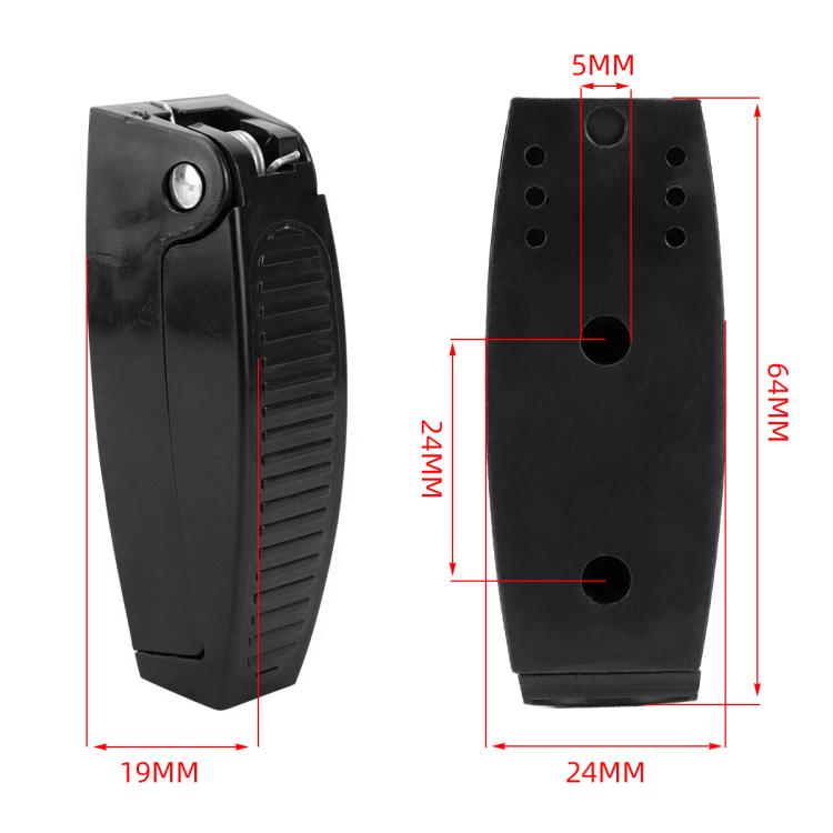 Black RV luggage door latch bracket clip with two mounting holes and dimensions