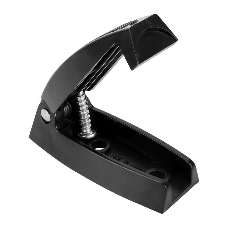 Black RV luggage door bracket clip with visible hinge and mounting screw