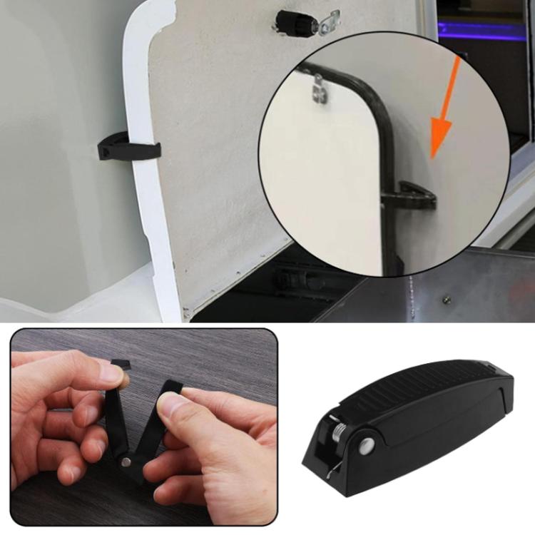 RV luggage door fixing clip shown mounted with inset close-up detail
