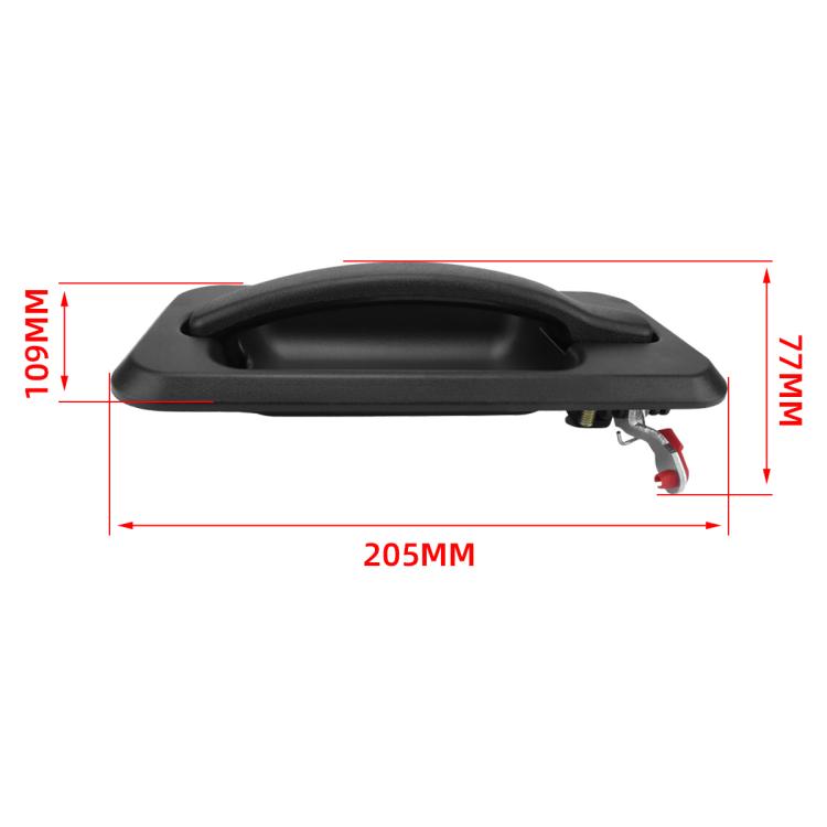 Black exterior tailgate handle with curved grip, 205mm length