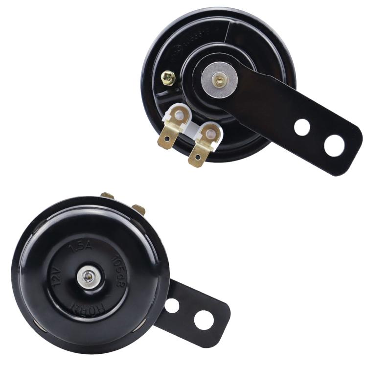 ATV horn assembly with black housing, mounting bracket, and metal terminals