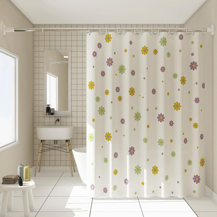 Floral shower curtain with multicolor small flowers on white, ring-top hanging