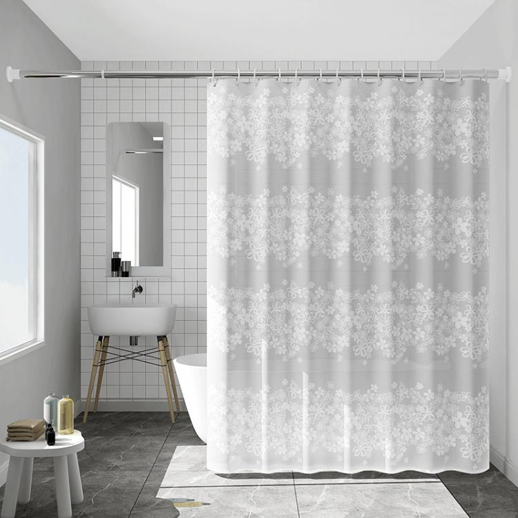 White shower curtain with light-gray damask floral pattern, ring-top hanging