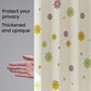 White shower curtain with multicolor daisy and flower pattern, semi-opaque fabric