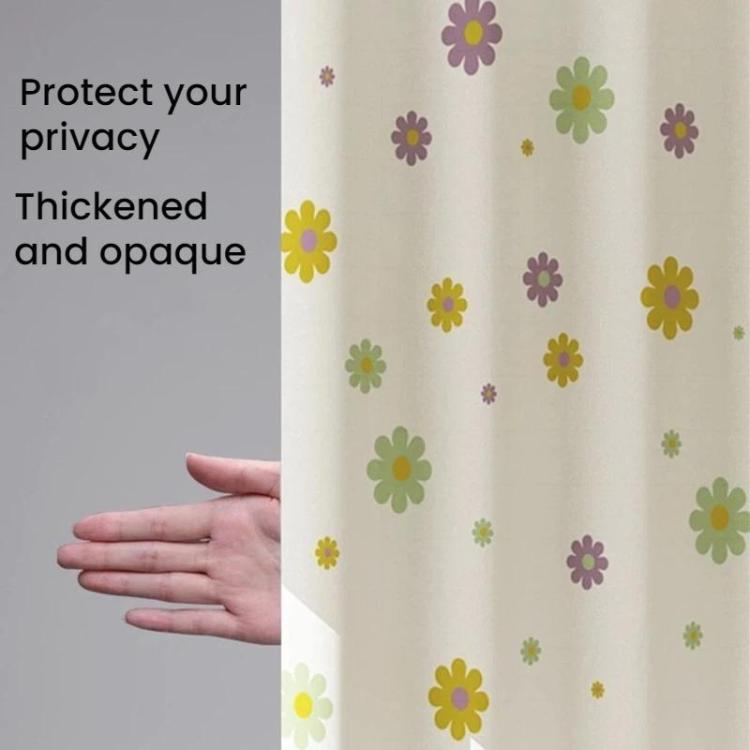 White shower curtain with multicolor daisy and flower pattern, semi-opaque fabric