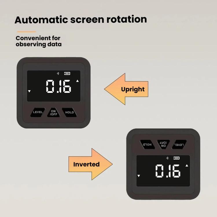 Magnetic digital inclinometer with display showing 0.16, black body, DM318
