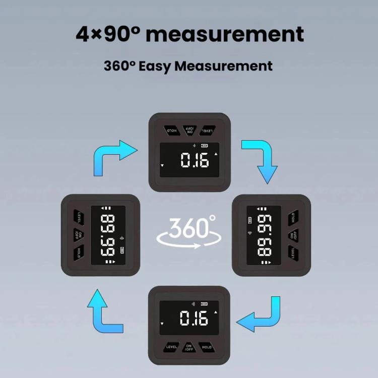 Digital inclinometer angle finder showing 0.16 on LCD, black unit