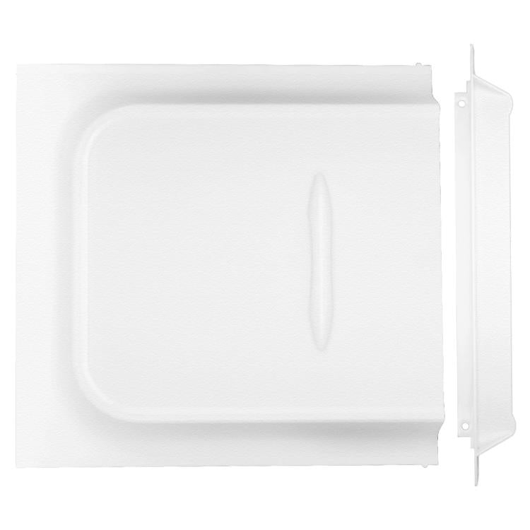 White RV door lock UV cover panel with side mounting bracket and oval latch slot