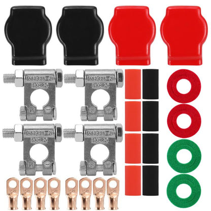 Automotive battery terminal connector kit with metal clamps, red/black covers, ring washers