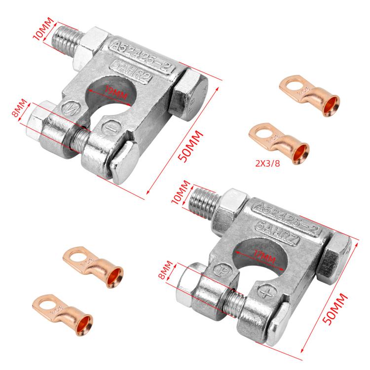 Battery terminal clamp with copper eye lugs, showing metal connector details
