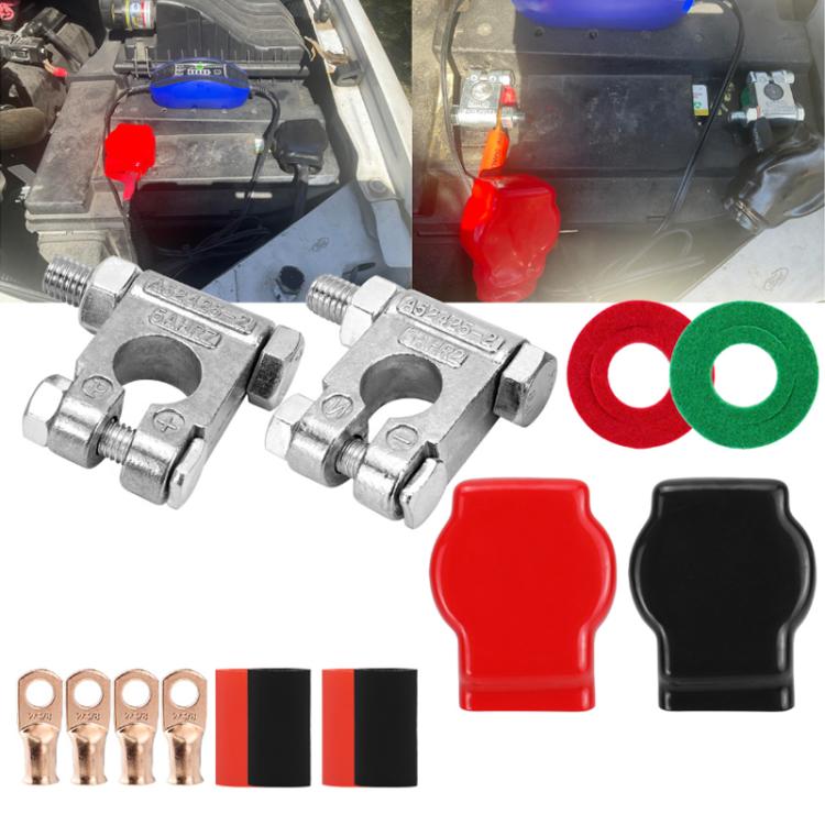 Battery terminal connector set with metal clamps, red/black covers, colored ring washers