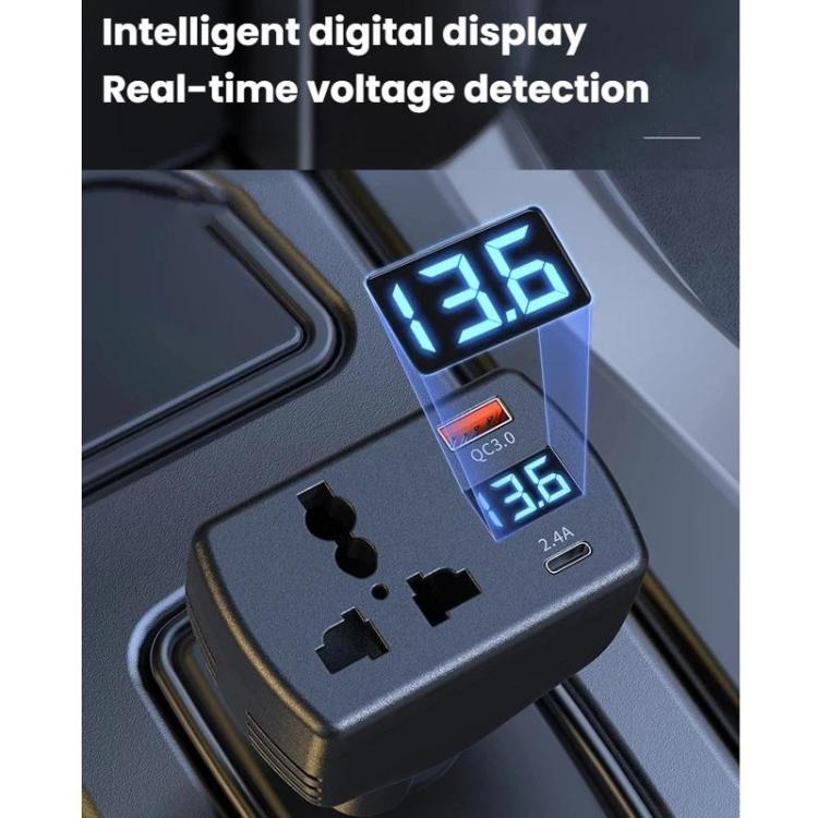 Black car inverter charger with blue LED voltage display and dual ports
