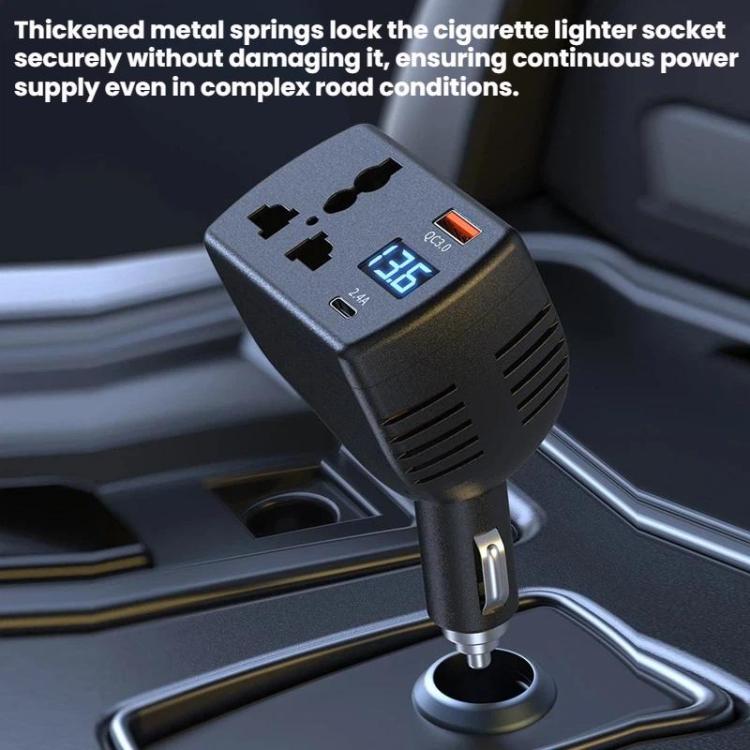 Black car inverter charger with blue LED display and metal-prong cigarette socket
