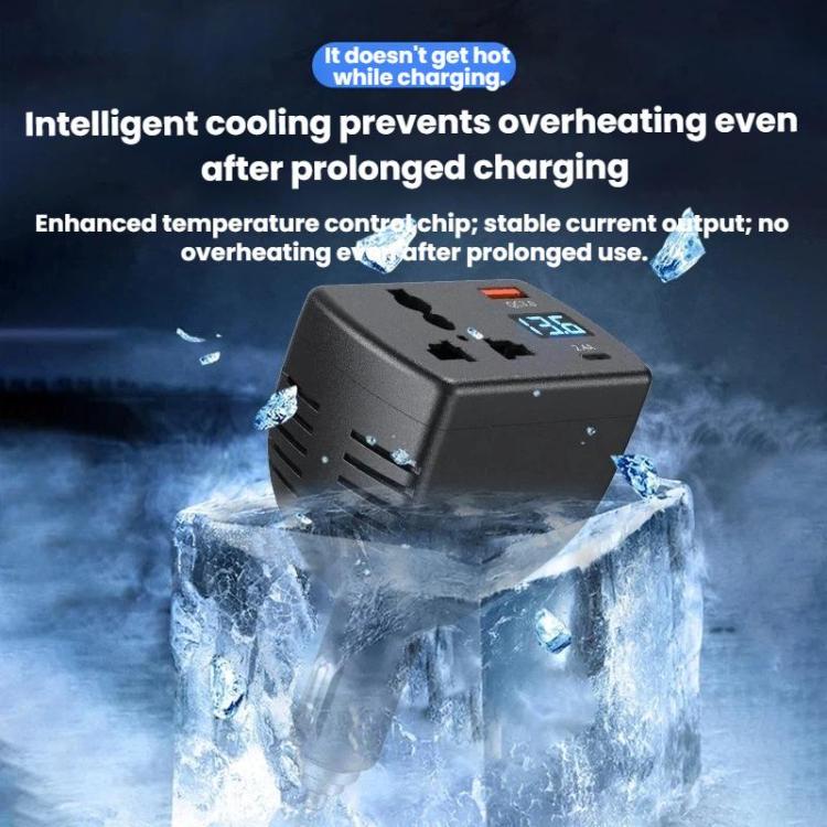 Black car inverter charger with blue LED display and vented cooling grille