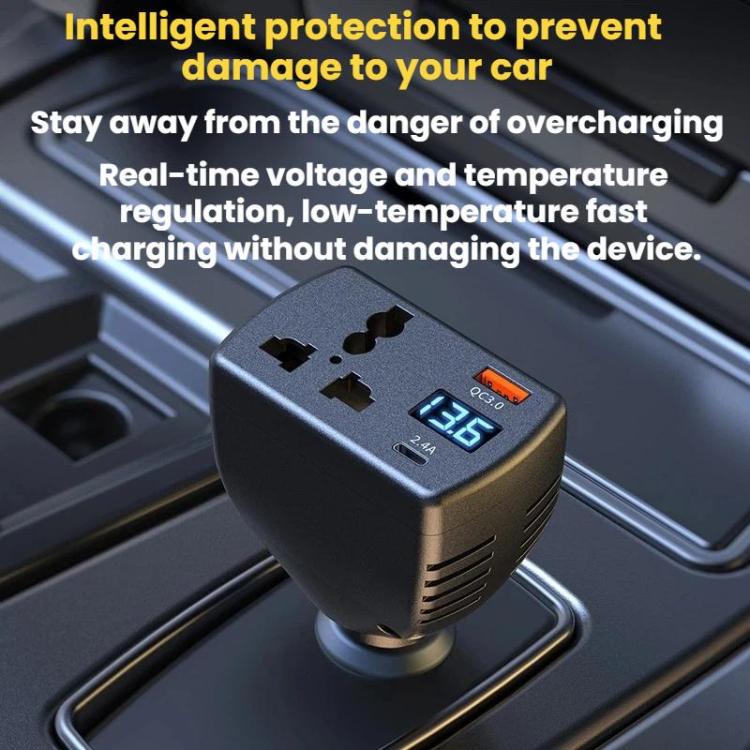 Black car inverter charger with blue LED voltage display and dual charging ports