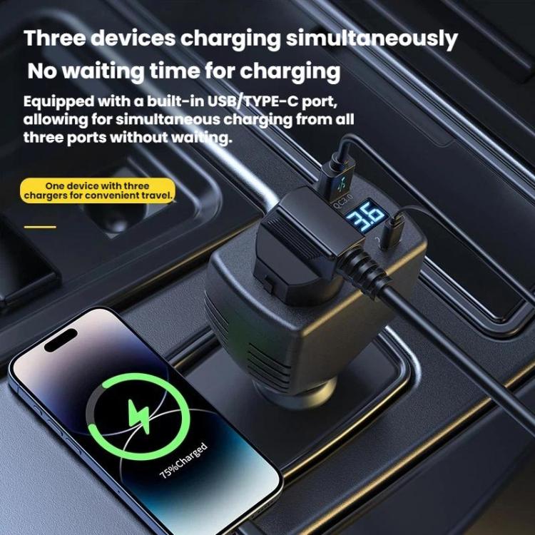 Black car inverter charger with USB and Type-C ports for multiple devices