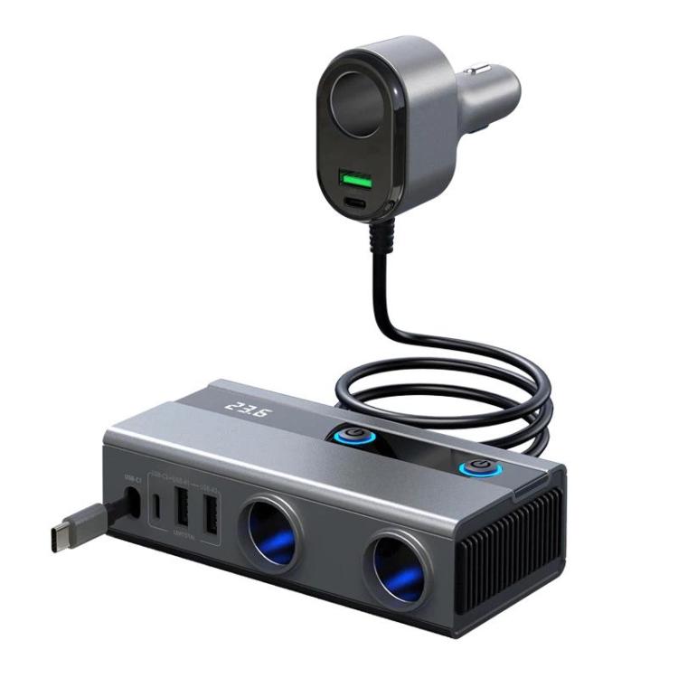 Car cigarette lighter charger with retractable cable and LED voltage display, GE08