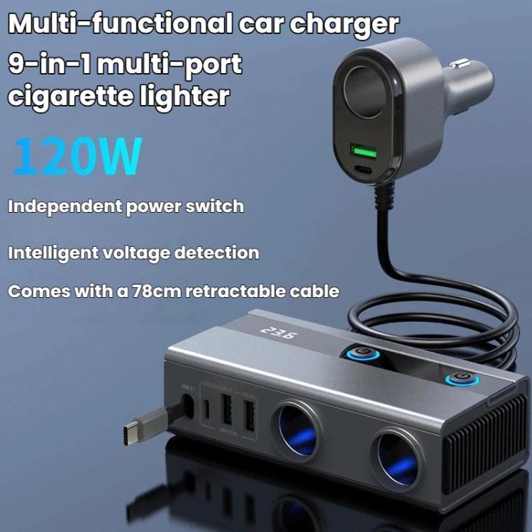 Multi-port car cigarette lighter charger with LED indicator, independent switch, retractable cable