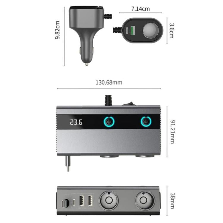 Car cigarette lighter charger with voltage display, USB ports, and dual blue switches