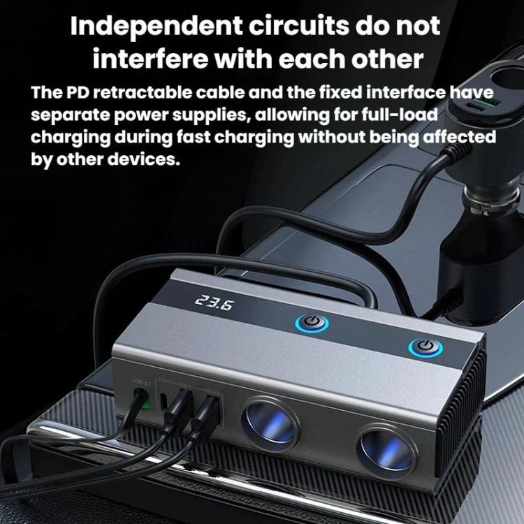 Car cigarette lighter charger with LED voltage screen and connected PD cable, GE08