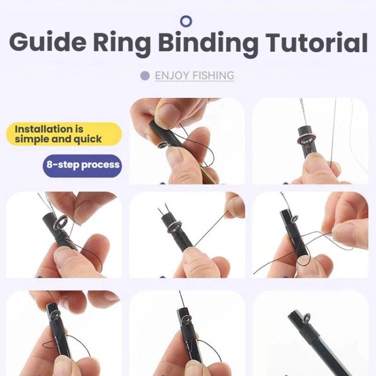 Fishing rod guide ring binding tutorial with line threading steps