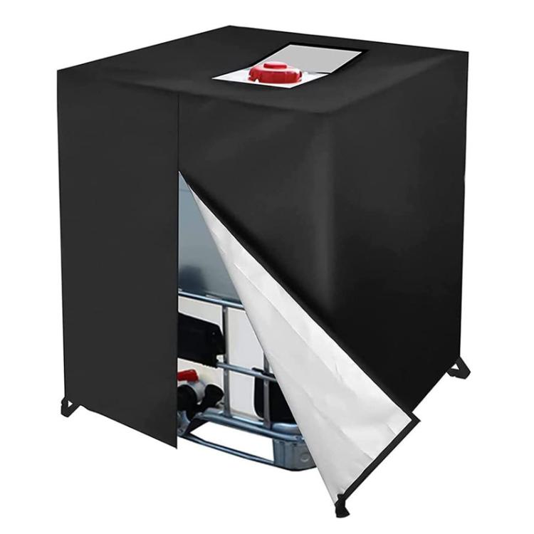 Black IBC tote cover with front opening flap and top access port for 1000L tank