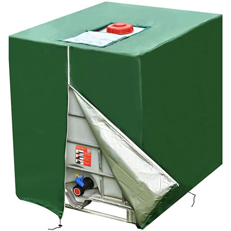 Green IBC tote cover with front opening flap and top access port for 1000L tank