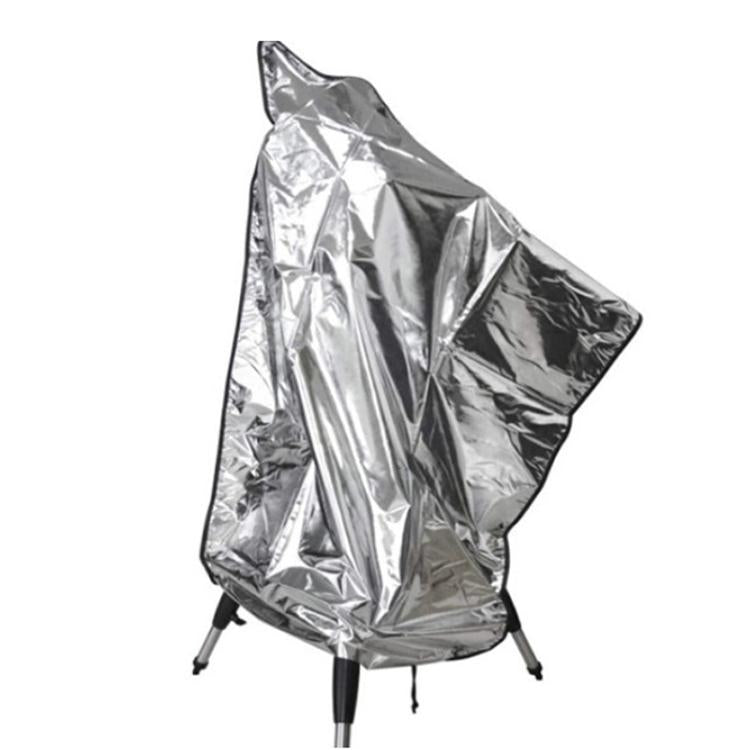 Silver telescope rain cover with triangular shape and adjustable tie-down points