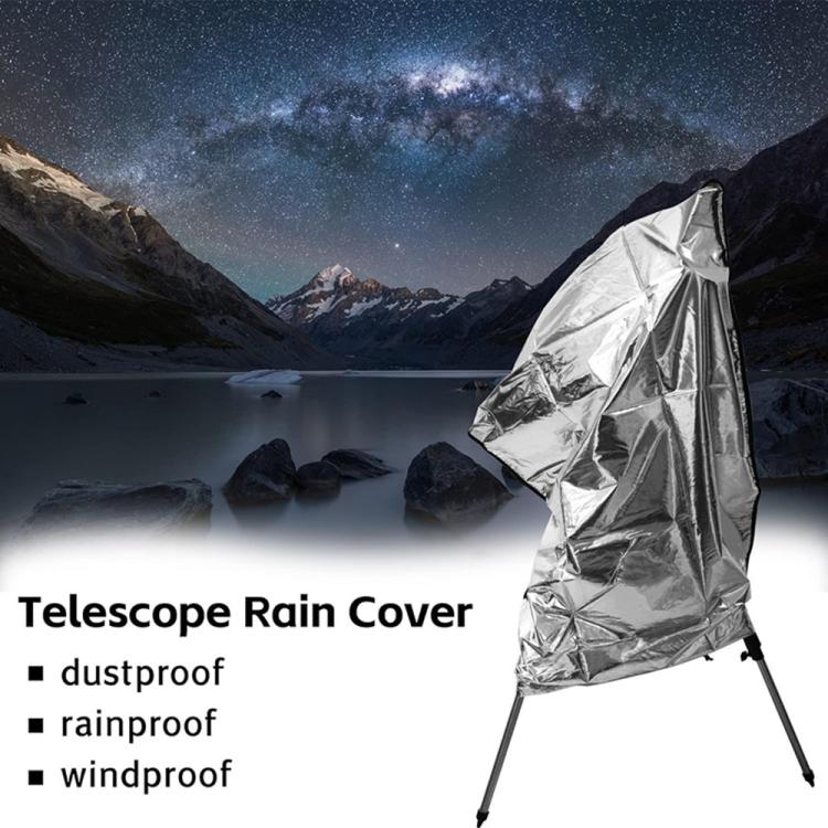Silver telescope rain cover over scope with tripod-style legs