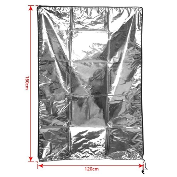 Silver telescope cover size 120cm x 106cm shown with measurement lines