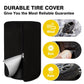 Black tire cover tarp shown with weather-protection feature icons