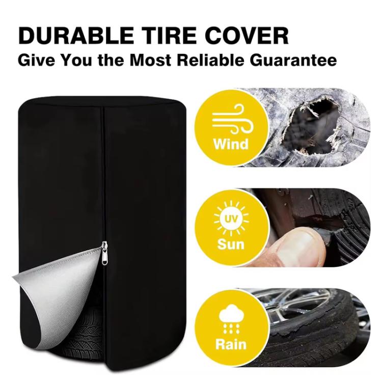 Black tire cover tarp shown with weather-protection feature icons