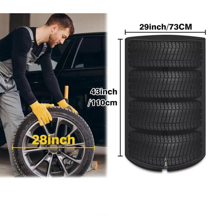 Black tire cover tarp with marked dimensions for wheel sizing, with cinch strap bottom