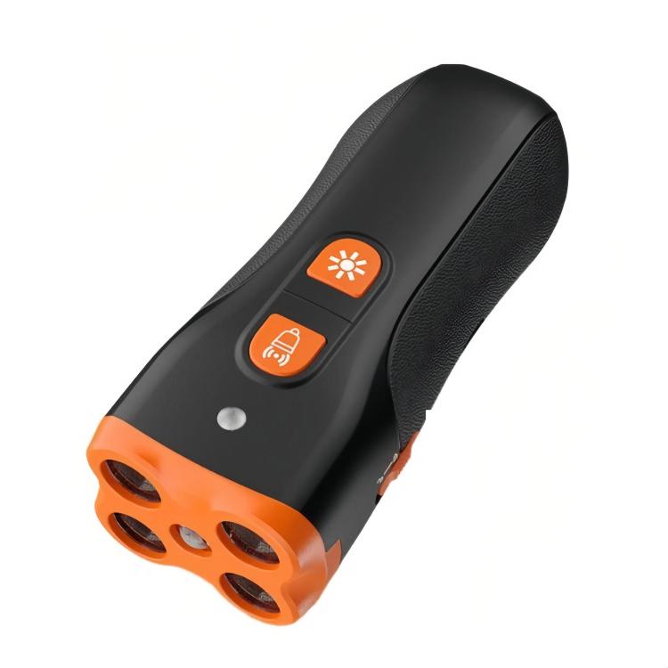 Handheld ultrasonic dog repeller, black and orange body with three control buttons