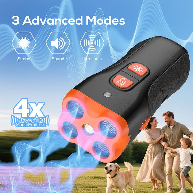 Handheld ultrasonic dog repeller with orange speaker grille and power indicator buttons