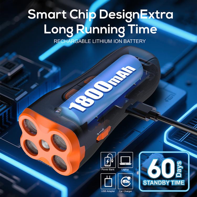 Handheld ultrasonic dog repeller with orange emitter grille and side charging port